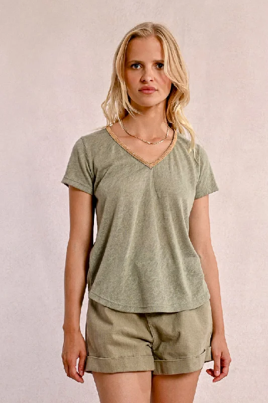 Molly Bracken V Neck Light Khaki Tee Earthy Women's 