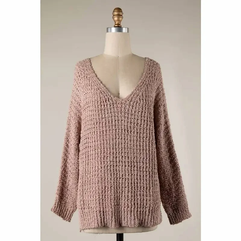V Neck Ribbed Trim Cable Knit Sweater In Blush Cozy Women's Winter