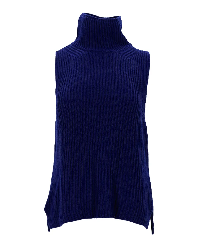 Max Mara Weekend Ribbed Sleeveless Turtleneck Top in Navy Blue Wool Streetwear Style for 