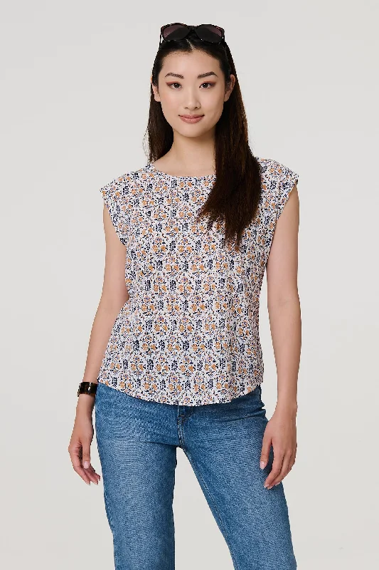 Floral Cap Sleeve Relaxed Top Casual Women's Japanese 