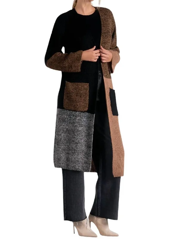 Long Colorblock Duster Sweater With Pockets In Black Color Block Australian Beach
