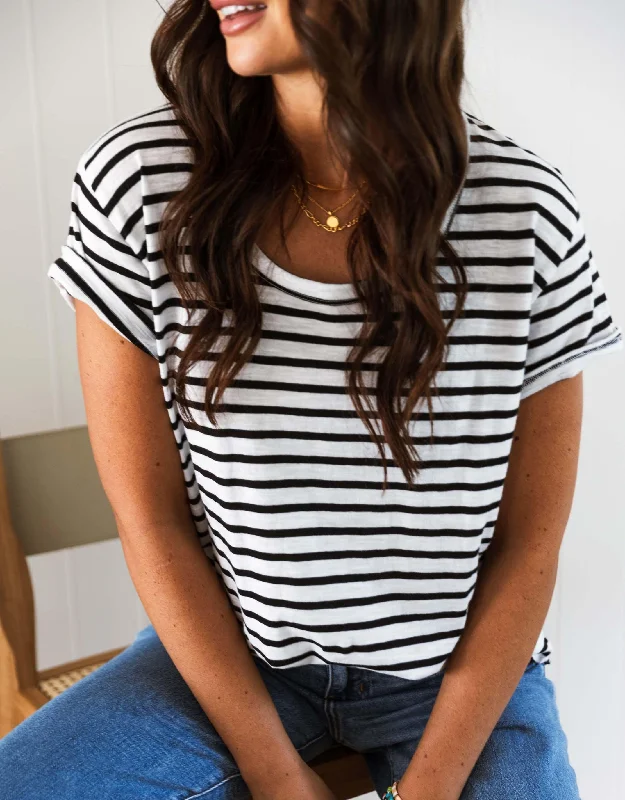 Original Round Neck T-Shirt - Black/White Stripe Sporty Women's Athleisure 