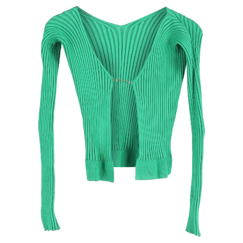 Jacquemus Pralù Cropped Embellished Ribbed-knit Cardigan In Green Viscose Bohemian Women's Free
