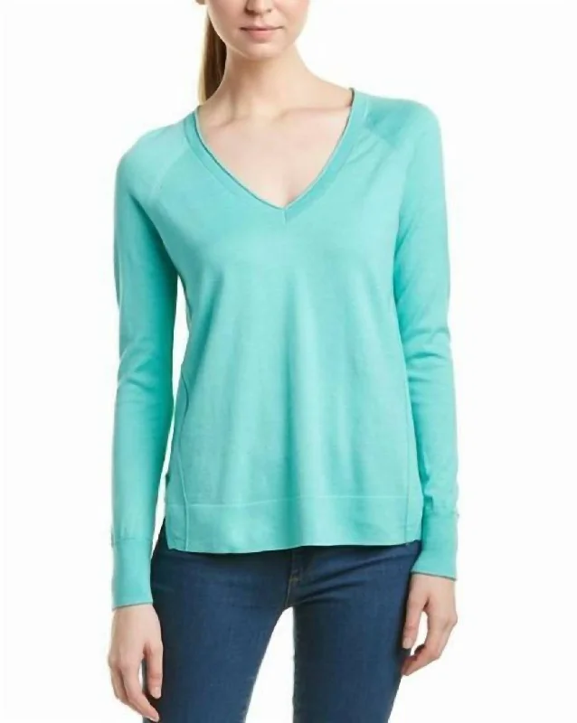V-Neck Pullover Cotton Knit Side Slits Fit Sweater In Blue Athletic Women's 