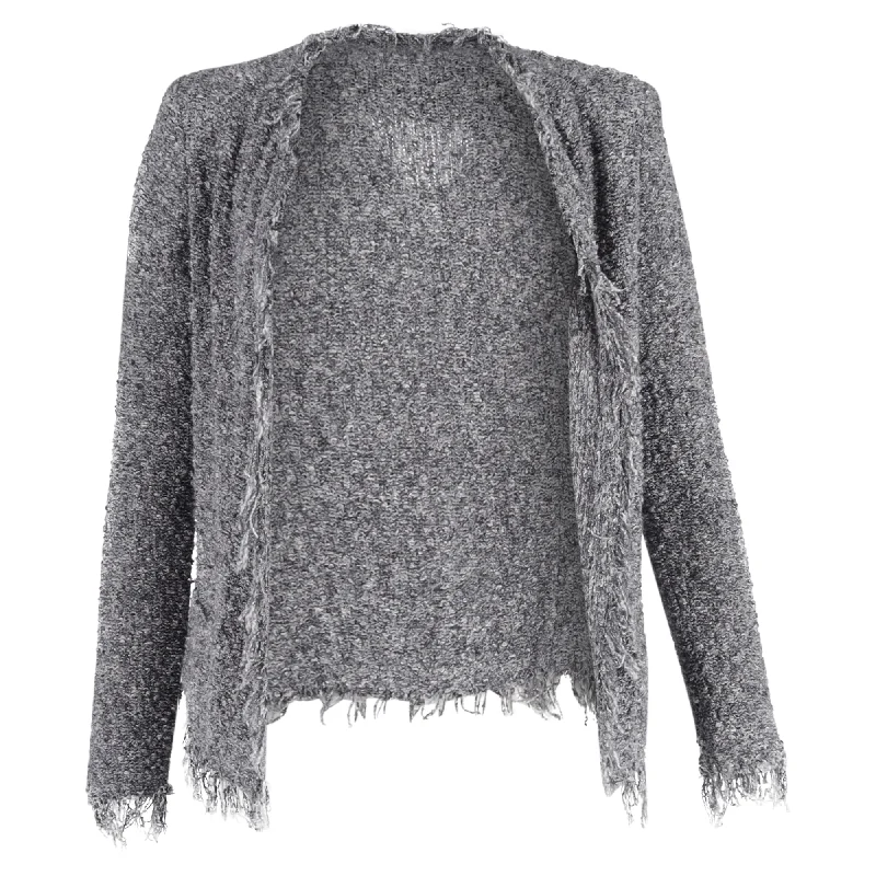 Iro Long Sleeve Open Front Fringe-Trim Tweed Jacket in Grey Cotton Edgy Women's Punk