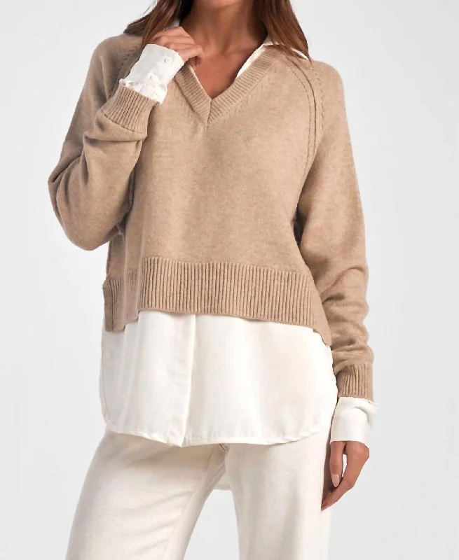 Stevie Layered Sweater/shirt Combo In Taupe/white Disco