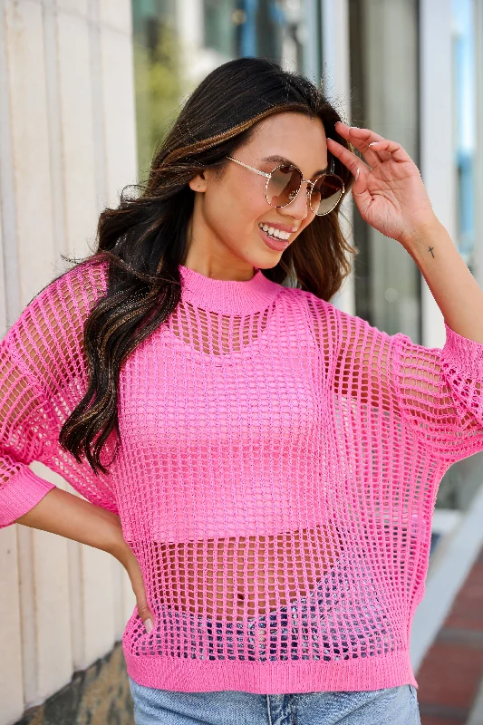 FINAL SALE - Oh So Sunny Pink Crochet Open Knit Top Relaxed Women's Beachy
