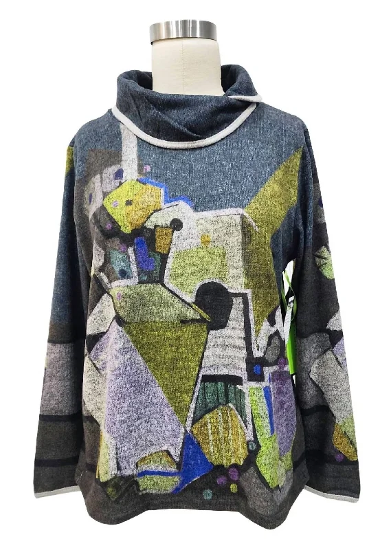 Abstract Print Sweater In Grey/lime Green Practical Women's Multi - 