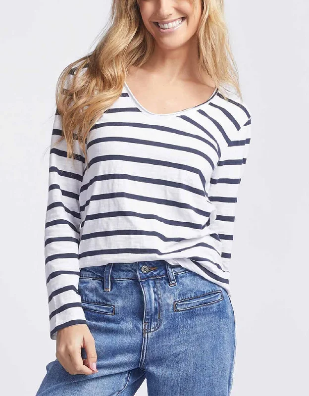 Original V-Neck Long Sleeve T-Shirt - Navy/White Stripe Sustainable Organic