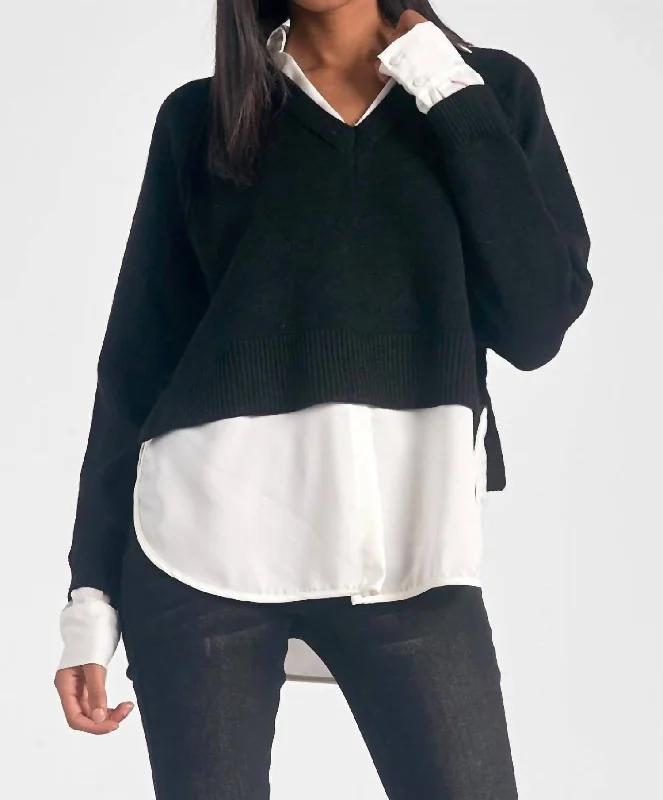 Stevie Layered Sweater/shirt Combo In Black/white Preppy Women's College