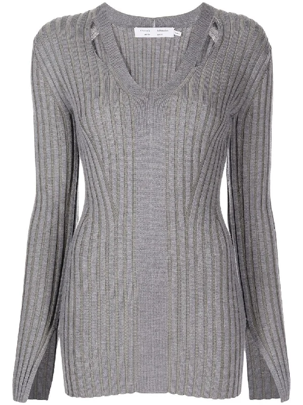 Proenza Schouler White Label Merino Rib Knit V-Neck Sweater Grey Street