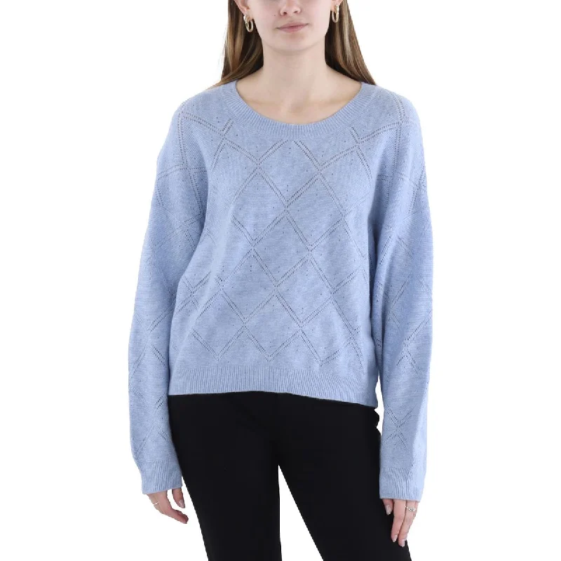 Womens Open Stitch Ribbed Trim Crewneck Sweater Cozy Women's Winter