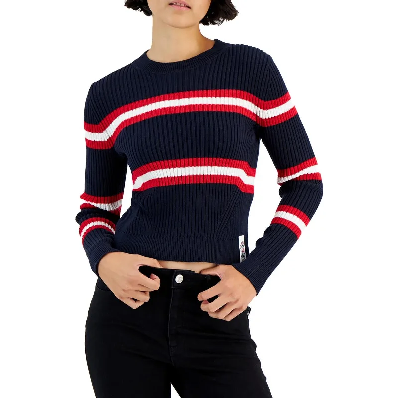 Womens Ribbed Cotton Crewneck Sweater Monochromatic Office Style