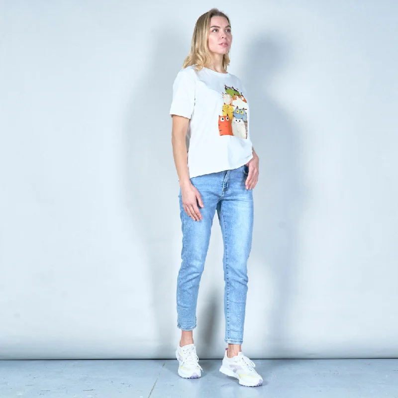 Cute stacked cat graphic tee wholesale Elegant Women's 