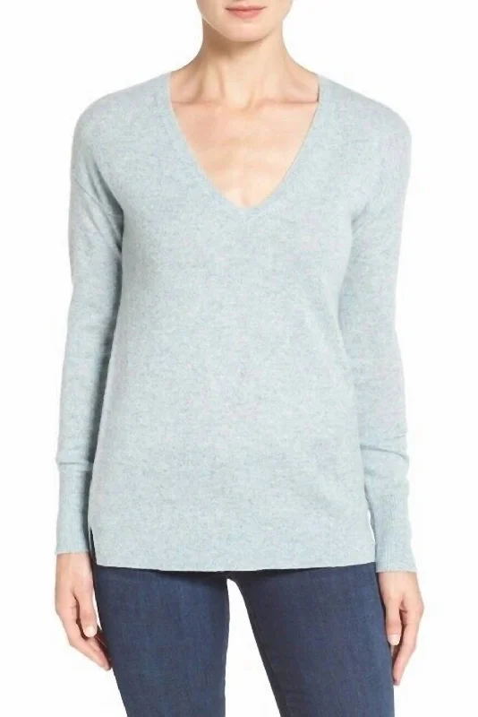 Classic V-Neck Side Slit High Low Sweater In Aqua Blue Artistic Women's Hand - painted