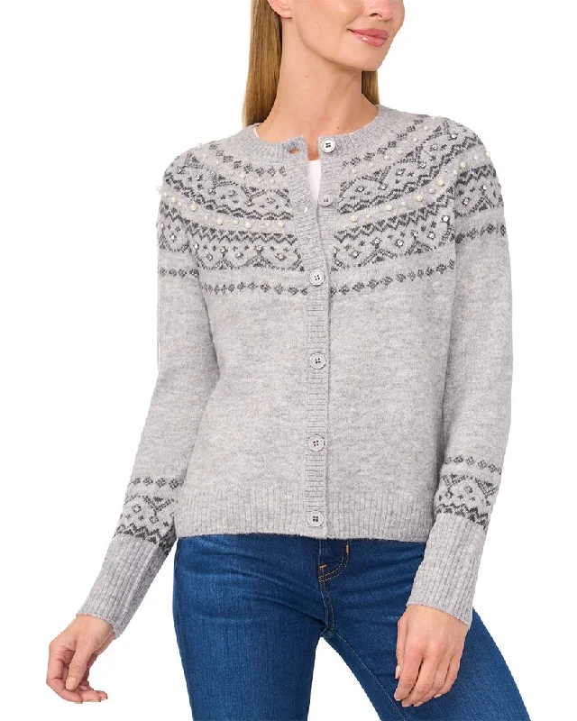 CeCe Fairisle & Pearl Striped Yoke Cardigan Modern Women's 