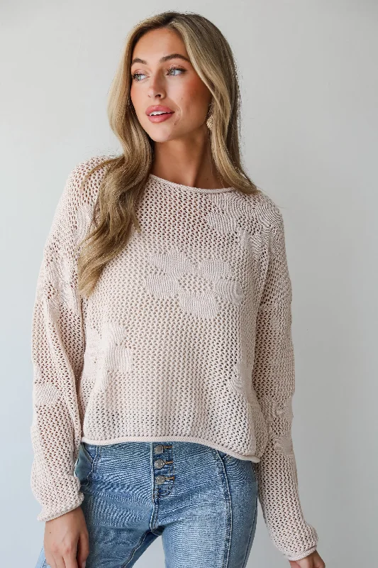 Darling Forecast Beige Floral Lightweight Knit Sweater Contemporary 