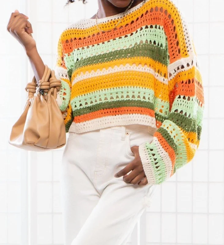 Between The Lines Striped Crochet Sweater In Orange Traditional Women's 
