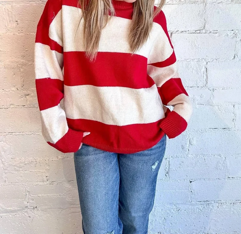 Lover Girl Sweater Top In Red/cream Sleek Women's Metallic