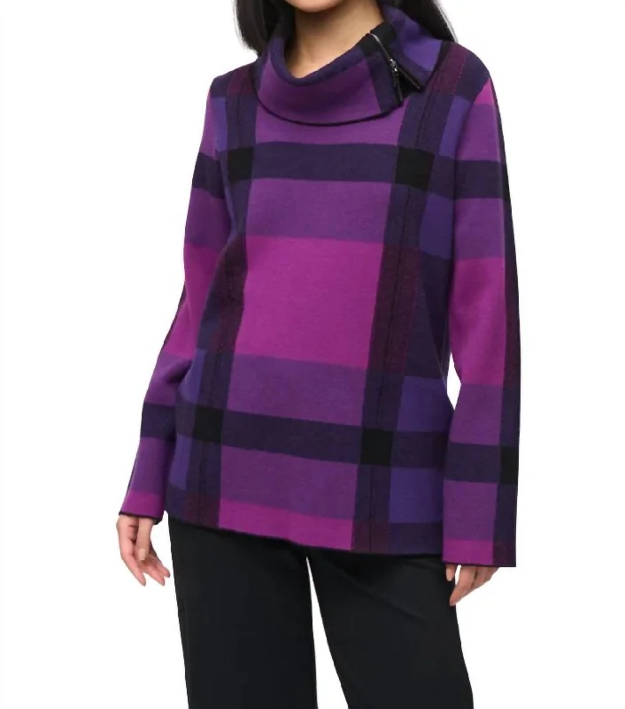 Plaid Jacquard Cowl Neck Lds Sweater In Mystic/empress/black Artistic Women's Hand - painted