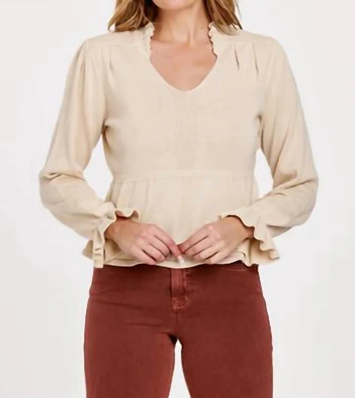 Rachelle Ruffle V-Neck Sweater In Vintage Cream Elegant Women's 