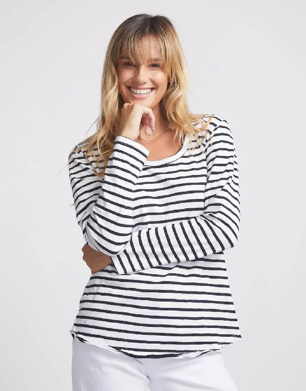 Original Round Neck Long Sleeve T-Shirt - Black/White Stripe Stylish Women's Neon