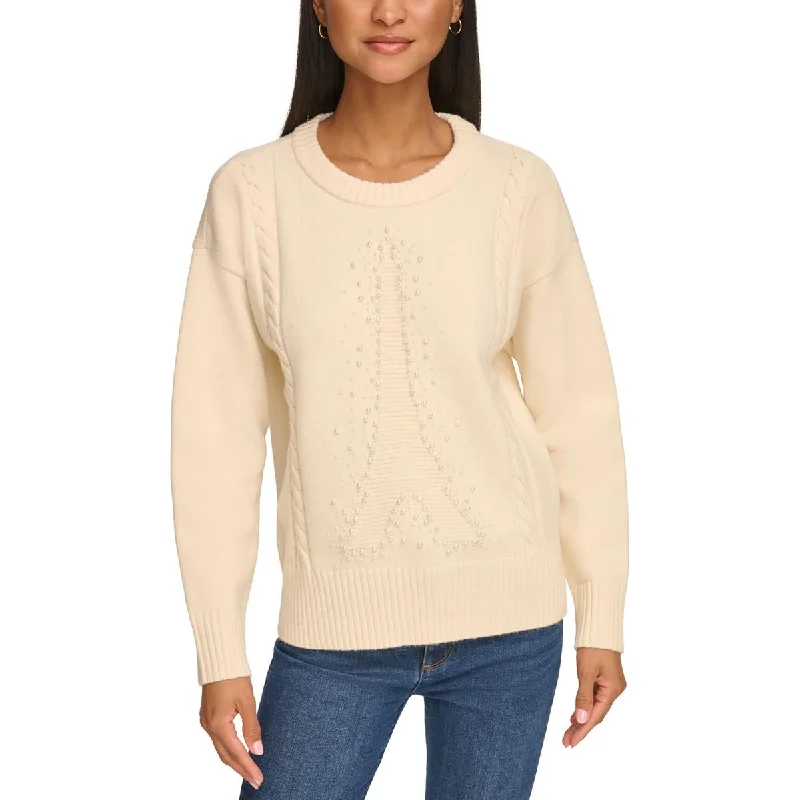 Womens Eiffel Tower Embellished Long Sleeve Crewneck Sweater Compression