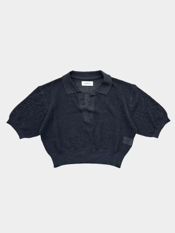 Cropped Mesh Polo Black Trendy Women's 