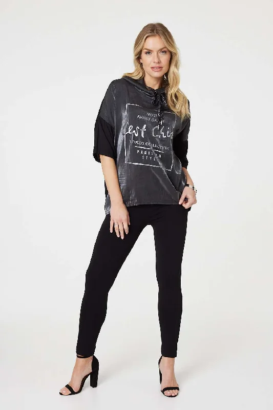 Metallic Logo Print Hooded Top Sophisticated Women's 