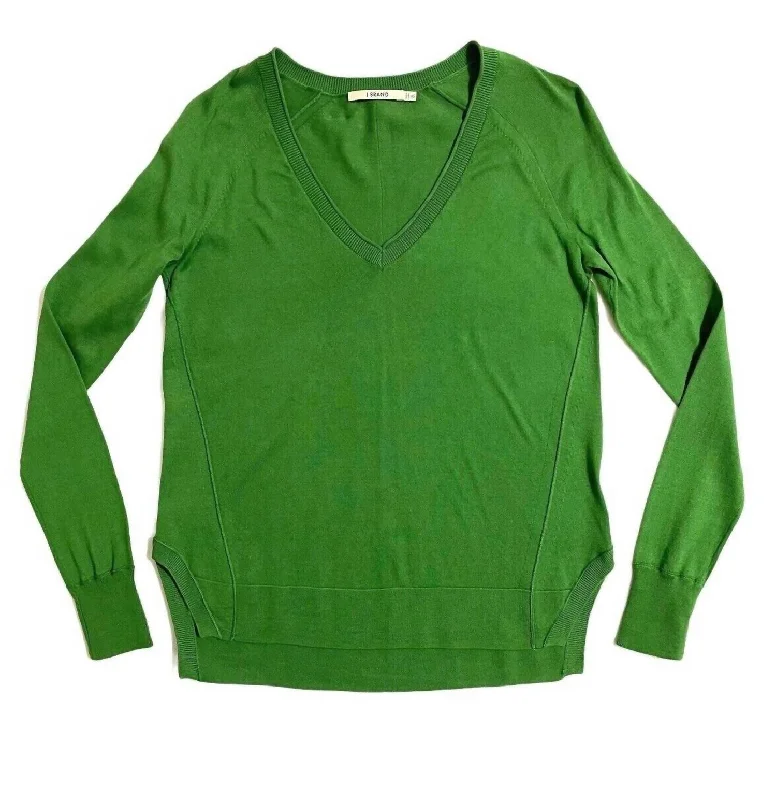 Women's V-Neck Cotton Side Slits Relaxed Sweater In Green Sleek Women's Metallic