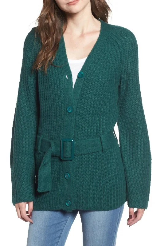 Belted Rib-Knit Ladies Cardigan In Green Contemporary 