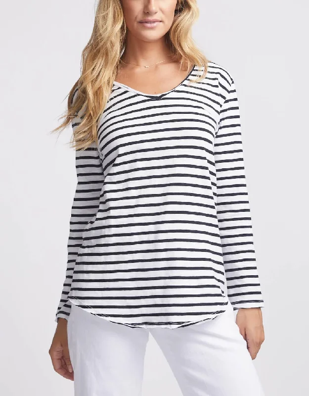 Original V-Neck Long Sleeve T-Shirt - Black/White Stripe Dapper Women's Bow - adorned