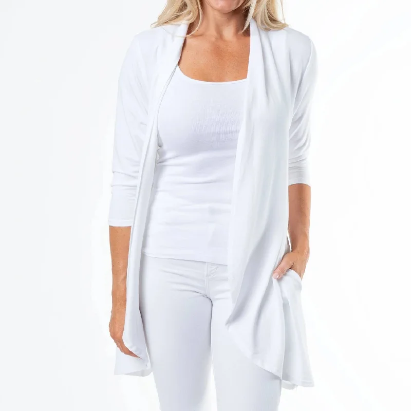 White Short Stretch Denim 3/4 Sleeve Cardigan Country
