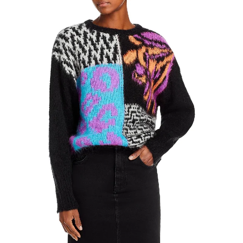 Womens Patchwork Printed Crewneck Sweater Bold Women's Animal Print