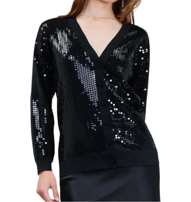 Sequin Long Sleeve Cardigan In Black Sleek Women's Metallic