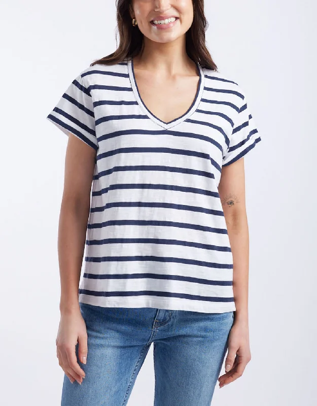Turn Back V Neck T-Shirt - White/Navy Stripe Refined Women's Velvet