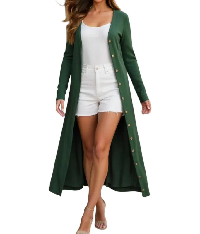 Ribbed Maxi Cardigan In Green Youthful Women's Pop