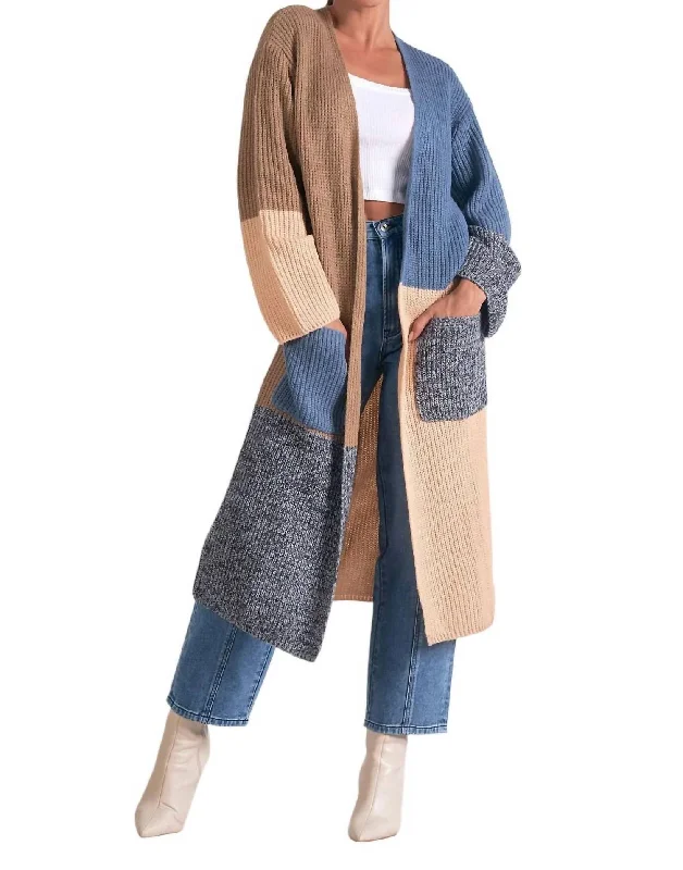 Long Colorblock Duster Sweater With Pockets In Blue Color Block Earthy Women's 