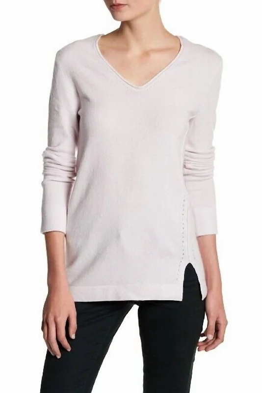 Cashmere V Neck Front Slit Sweater In Oyster Modern Women's Tech