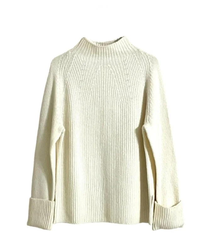 Women's Funnel Neck Long Sleeve Rolled Cuffs Sweater In Ivory Cashmere