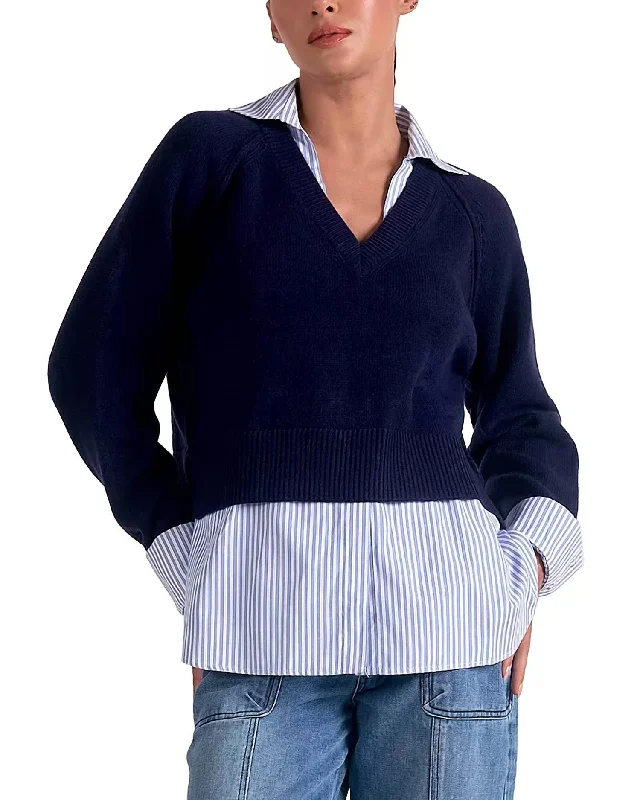Stevie Layered Sweater/striped Shirt Combo In Navy Women