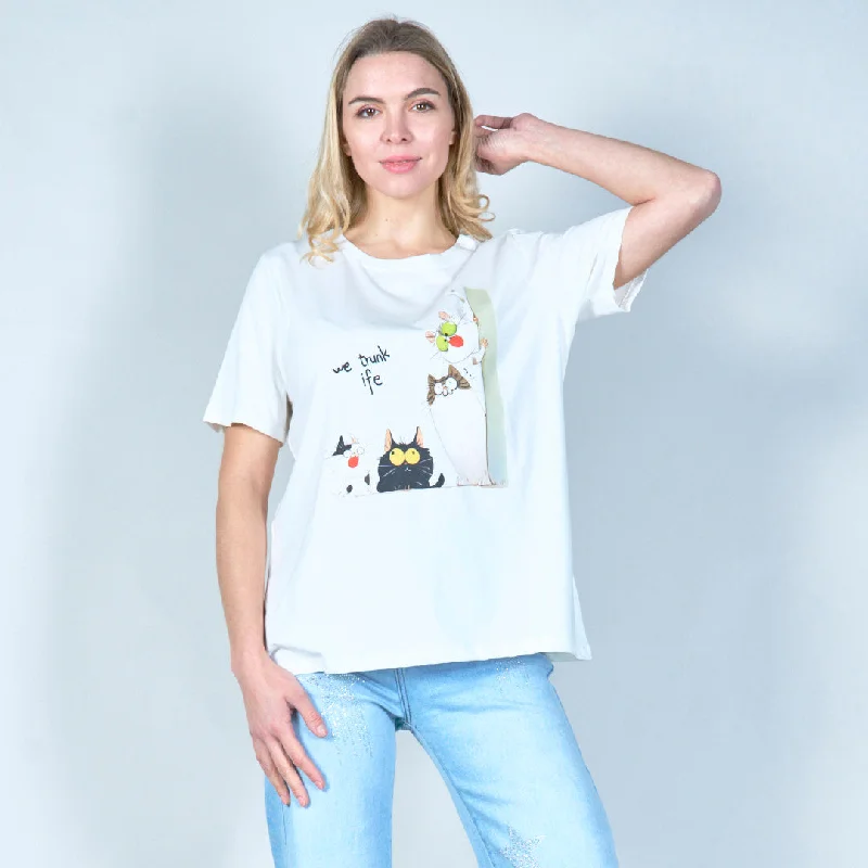 Quirky cat family graphic tee wholesale Luxurious Women's High -  end