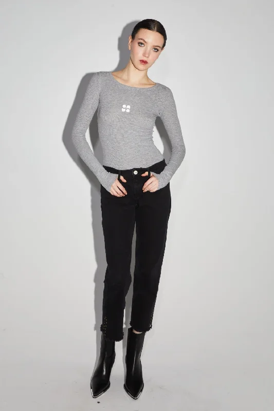 Imprevu Grey Manches Long Sleevd Ribbed Tshirt Sporty Women's Athleisure 