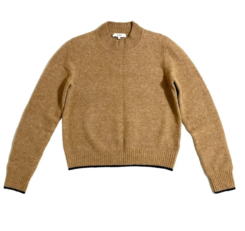 Women's Crew Neck Long Sleeve Tipped Alpaca Merino Wool Sweater In Brown Casual Women's Loose - fitting