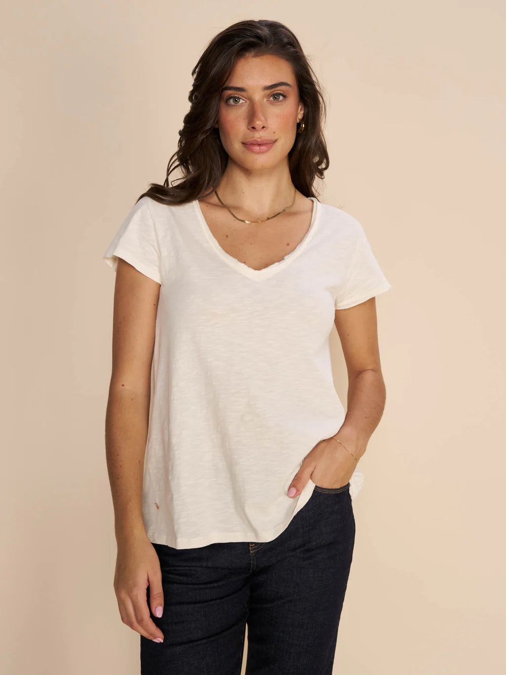 Mos Mosh Ecru Tulli V Neck Basic SS Elegant Women's Formal 
