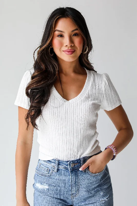 FINAL SALE - Annie White Ribbed Tee - DU DEAL Laid - back Women's Style
