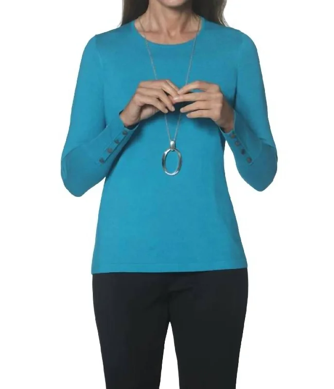 Crew Neck Sweater With Button Sleeve In Peacock Bohemian Women's Free
