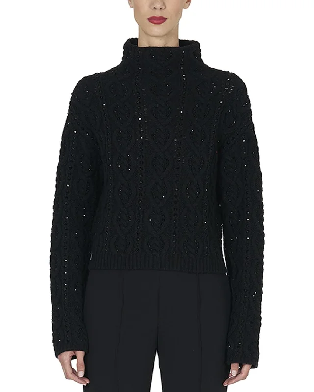 Carolina Herrera Embellished Funnel Neck Cable Wool& Cashmere-Blend Sweater Youthful Women's Pop
