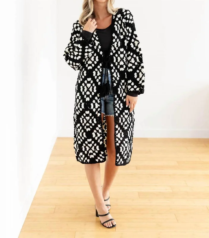 Color Detailed Long Crochet Cardigan In Black/white Edgy Women's Punk