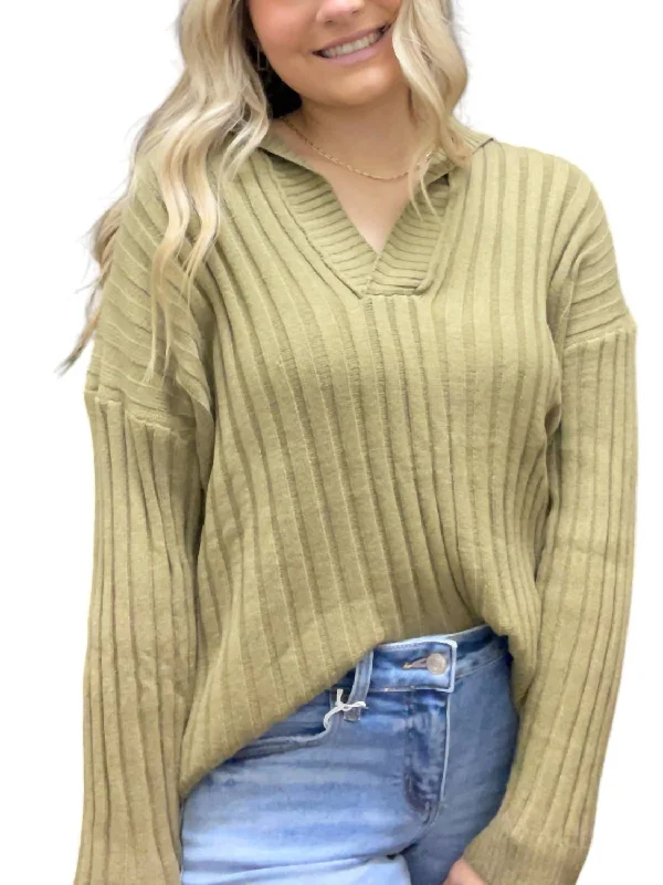 Collared Rib Knitted Sweater In Army Green Elegant Women's 